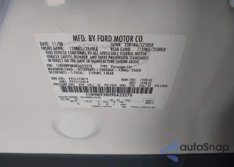 2009 Lincoln Mks z USA, uszkodzony, nr VIN 1LNHM93R09G623270